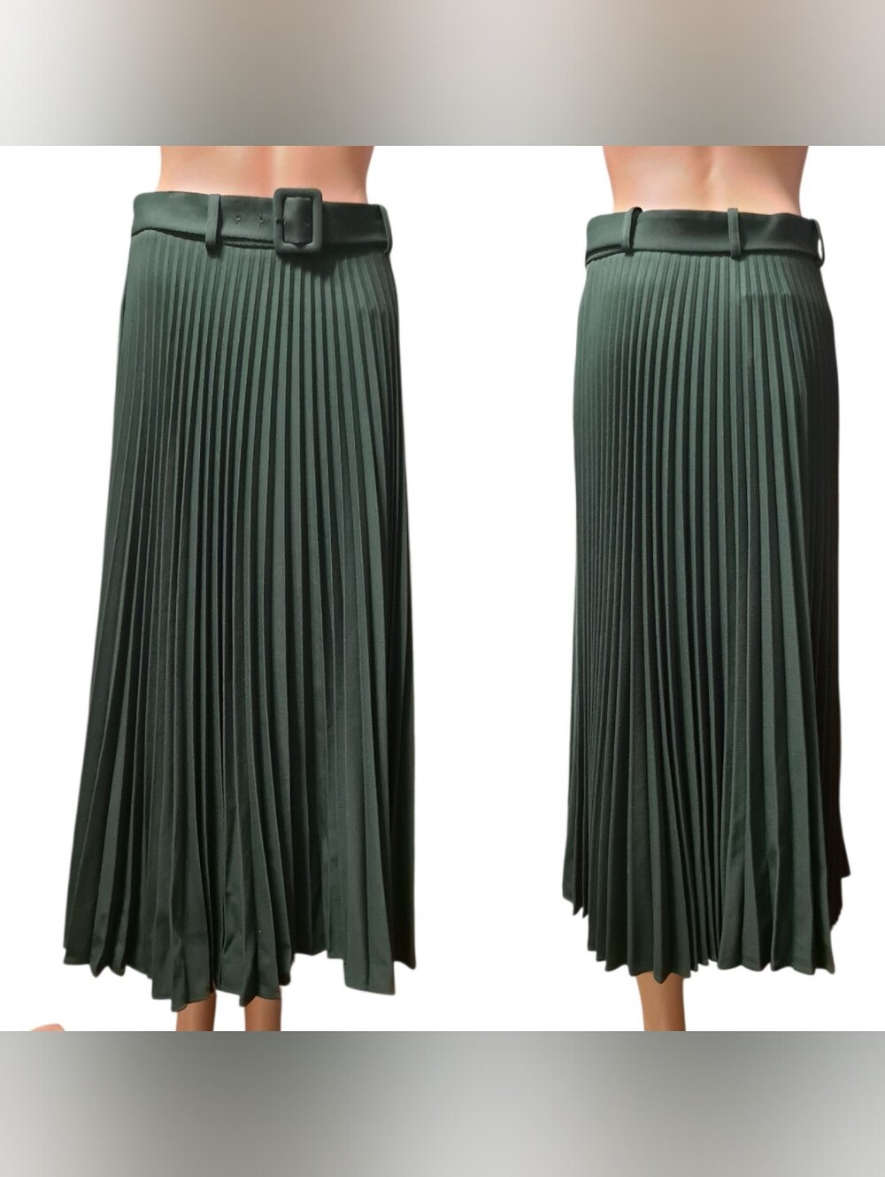 Zara Forest Green Pleated Maxi Skirt with Matching Belt